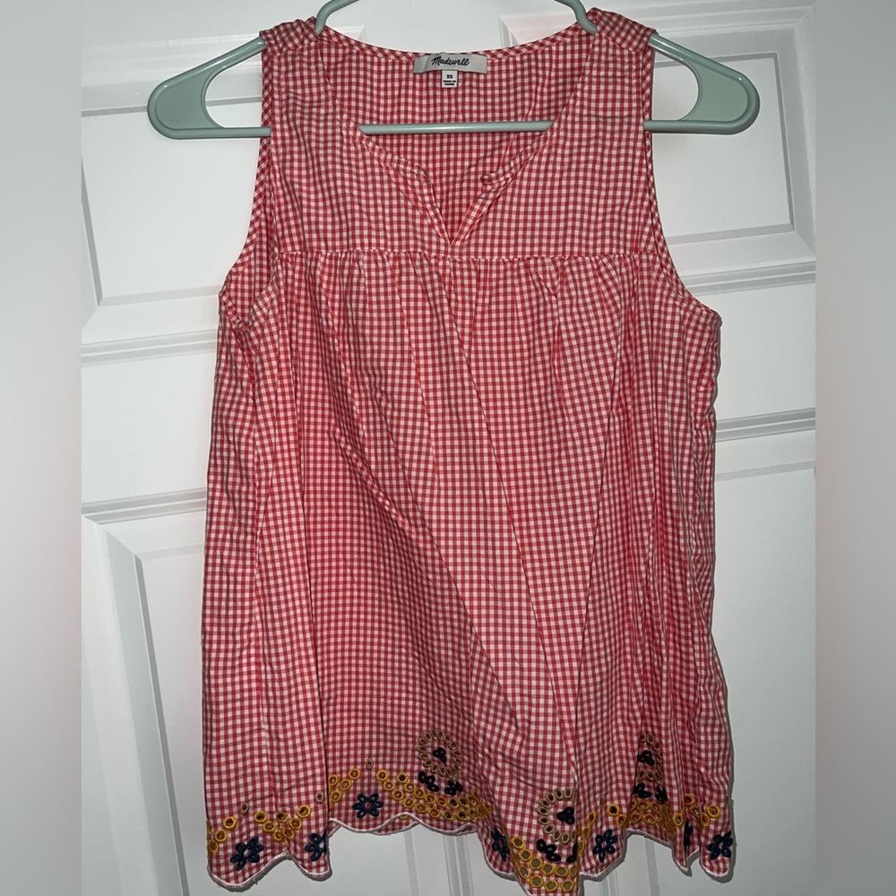 Madewell Red White Plaid Gingham Scalloped Embroidered Tank Top Shirt Blouse XS